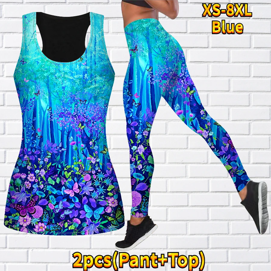 Women\'s 2-piece Yoga Set Sleeveless Casual Sports Vest Yoga Set 3D Beautiful Small Floral Print Sportswear Set XS-8XL