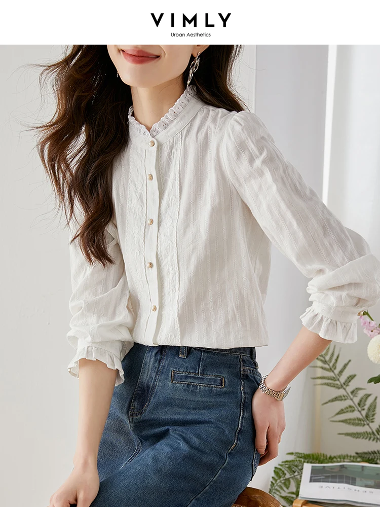 Vimly Ruffles Stand Collar Embroidery Shirt for Women Autumn 2023 Fashion Casual 100% Cotton Button Up Shirts Long Sleeve Tops vimly french solid white shirts