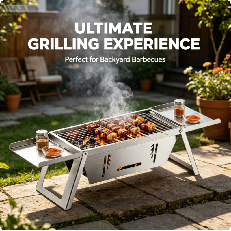 Stainless Steel Thickened Charcoal Grill One-second Folding Portable BBQ Grill for Outdoor Camping Home Barbecue