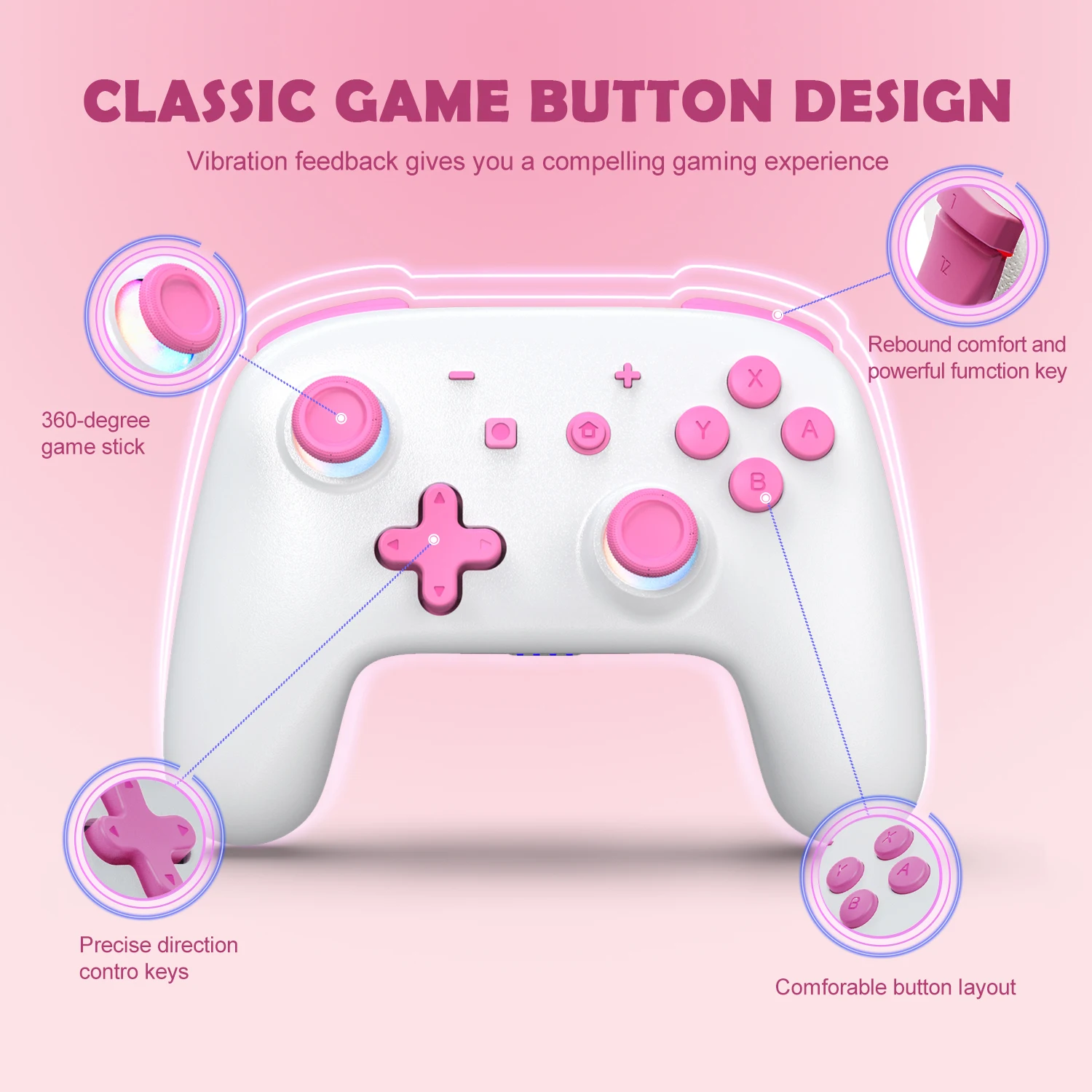 YS27 Wireless Pro Controller Pink for Nintendo Switch Bluetooth Controller LED Joystick Wake up Function Adjustable Turbo Motion