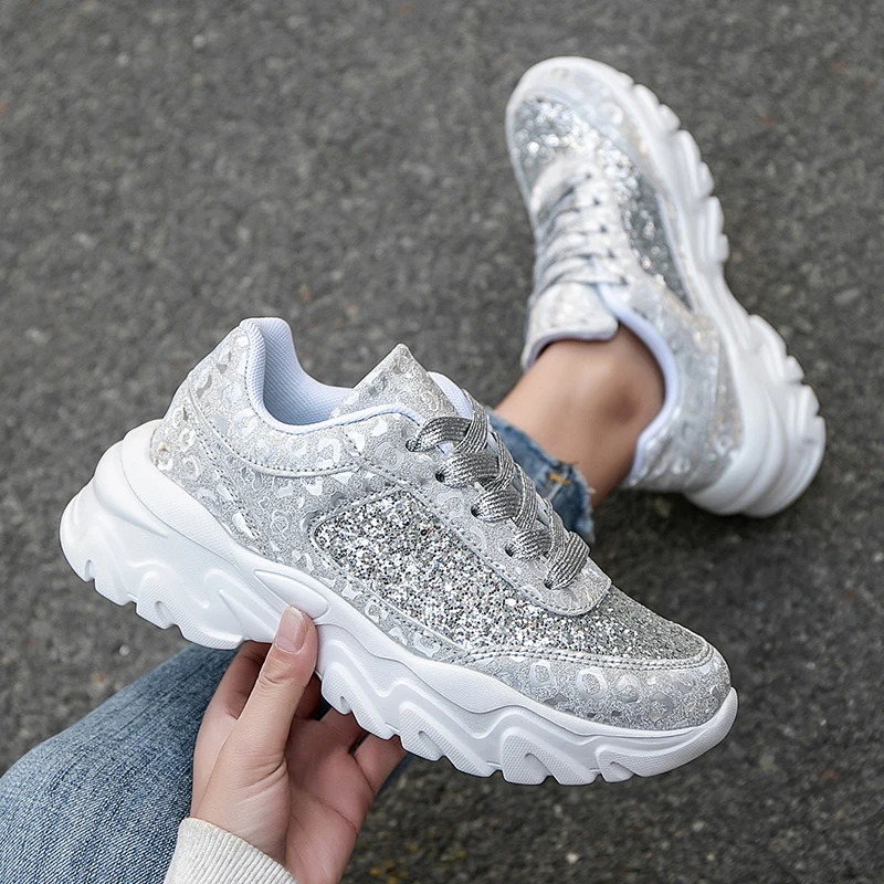 Shiny Rhinestone Women's Sneakers Shoes Fashion Thick Sole