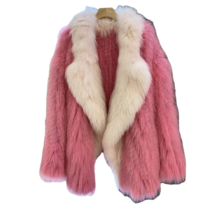 Fox Hair Double-sided Woven Lapel Fluffy Fur Coat Wooden Contrast Color Medium Long Loose 2023 Autumn Winter Jackets for Women
