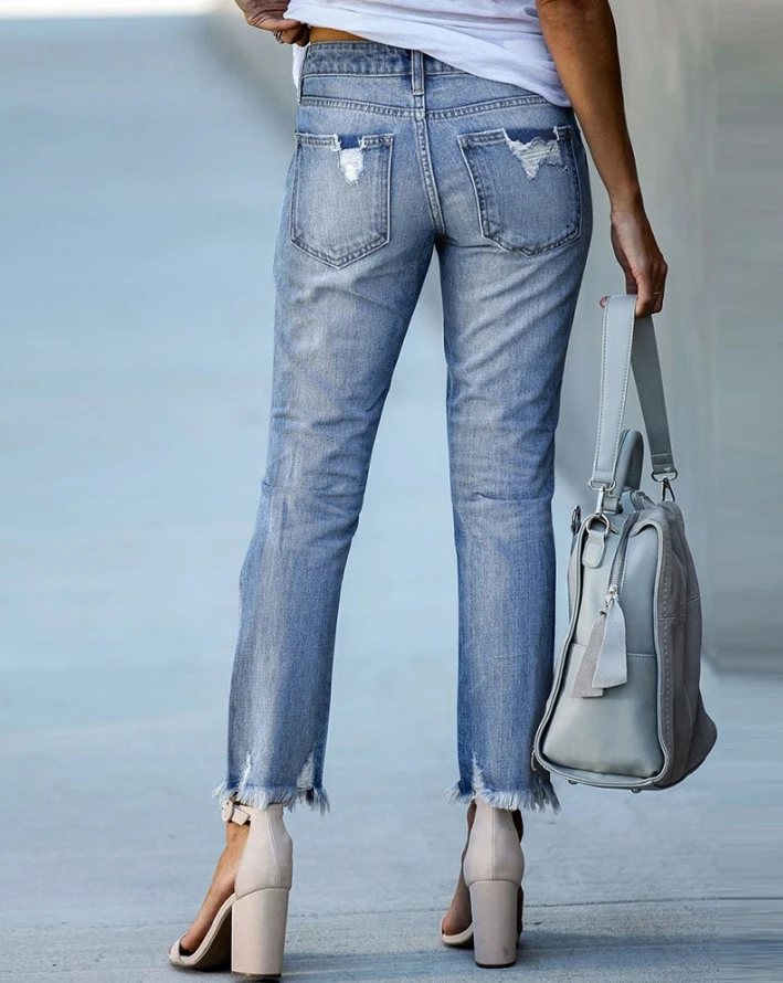 Women Jeans 2024 Casual Simple Solid Zipper Fly Cutout Ripped Raw Hem Skinny Temperament Commuting Jeans Basic Versatility