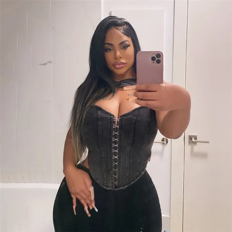 

Майка женская джинсовая ажурная, пикантный однобортный эластичный жилет без бретелек, модная уличная одежда