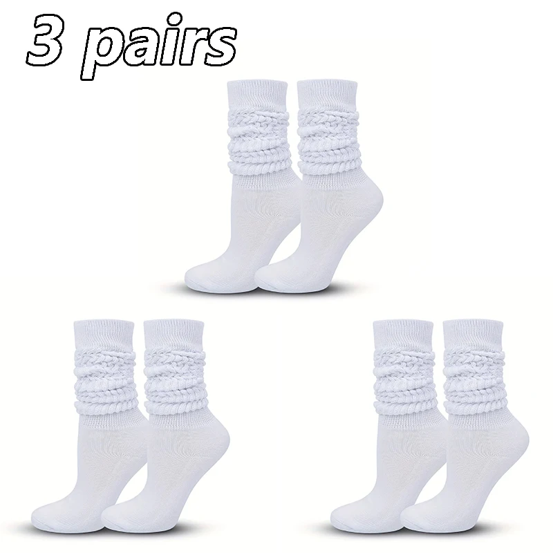 3 Pairs Women Pile Up Socks Fashionable Trendy Versatile White Solid Color Basic Socks Comfortable Breathable Mid Length Socks - 6