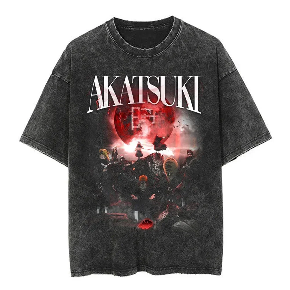 Men Streetwear Tshirt Japanese Naruto Anime Graphic T-Shirt Cotton Harajuku Washed T Shirt Summer Hip Hop Tops Tees Black
