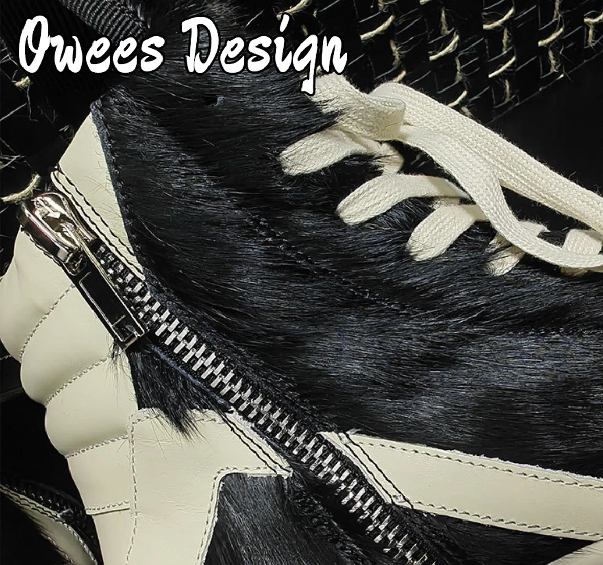 Owees Design Zipper Ankle Boots Men's Horsehair High-tops Sneakers Women Thick Soled Quality Leather Lace-up Fashion Shoes 5