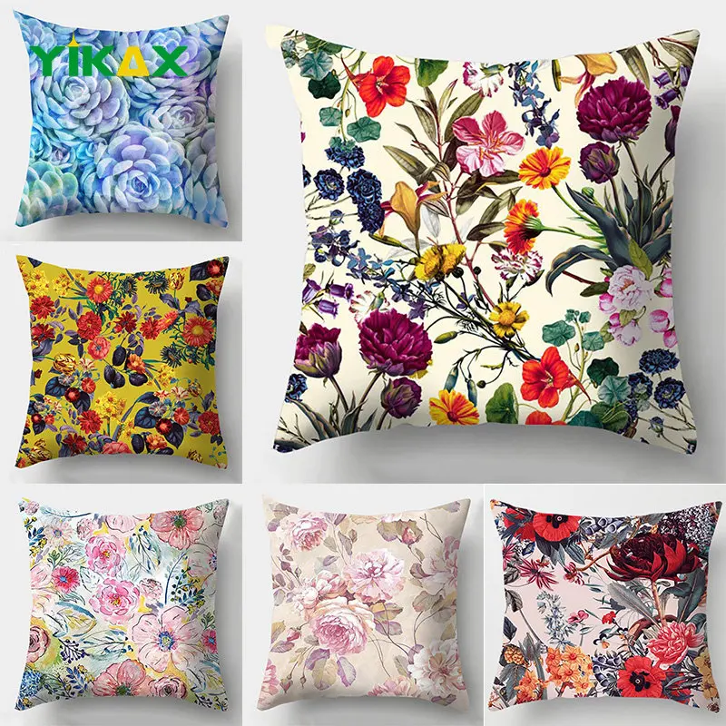 

Floral Pillow Case Elegant Flowers Print Cushion Cover Art Polyester Peachskin Pillowcase Modern Art Home Decoration 60x60cm