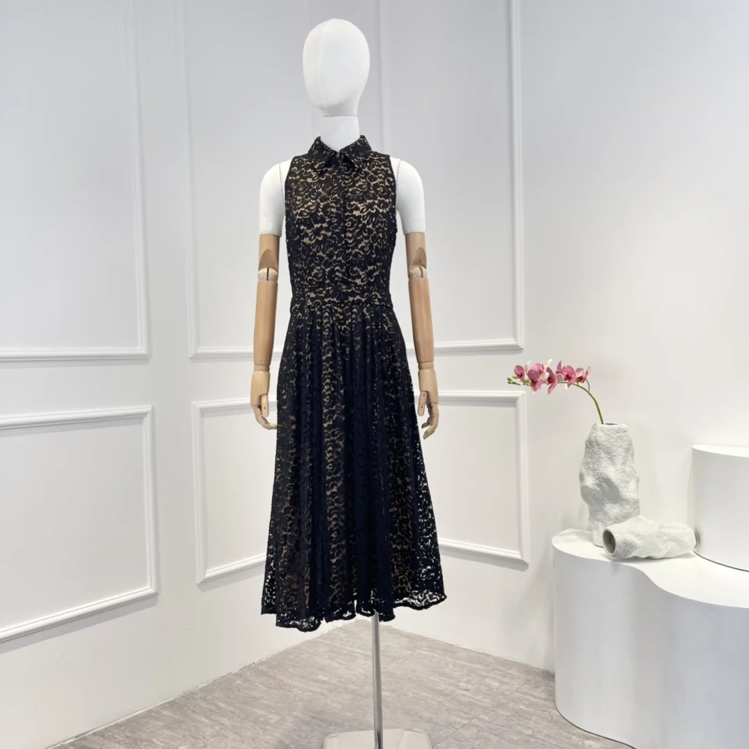 

New High Quality Turn Down Collor Sleeveless Women Vintage Black Lace Dress