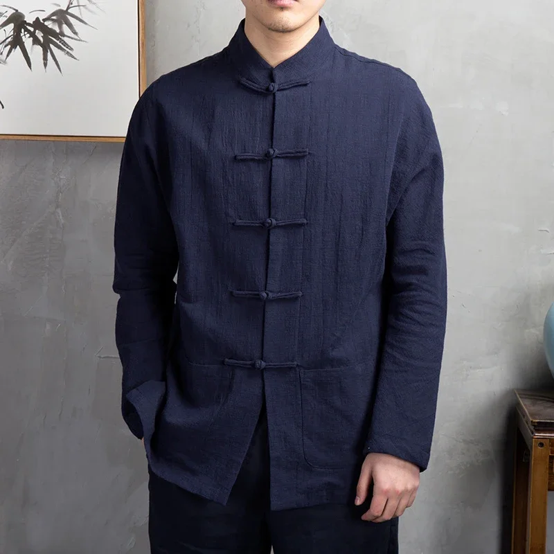 Men's Chinese Style Shirt Traditional Kung Fu Tai Chi Polyester Cotton Blended Breathable Shirt Button Retro Men's Shirt