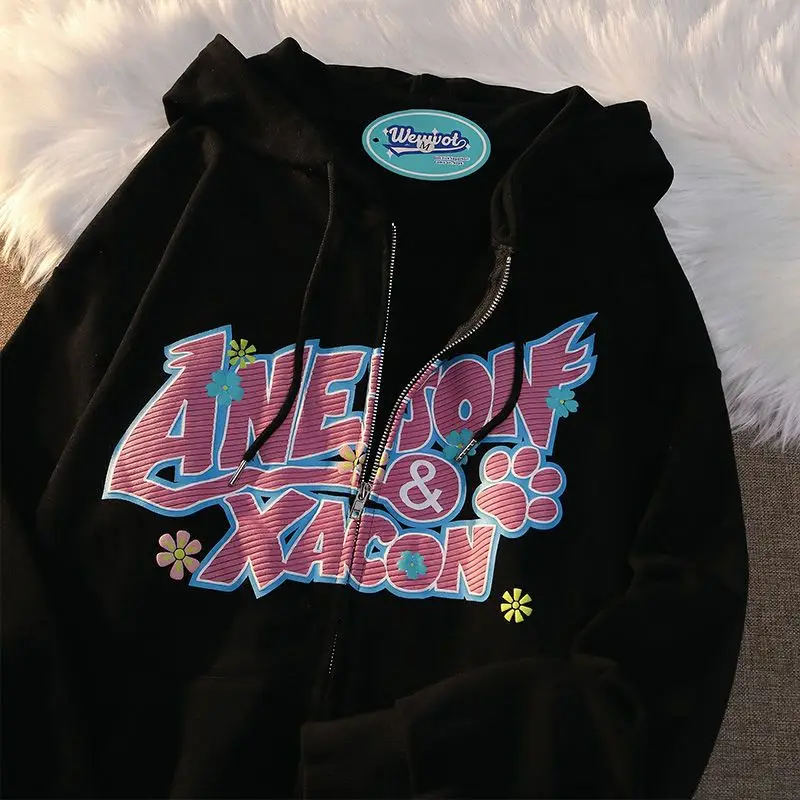 Hoodies Retro Letter Printing Sweetwear And Cool Women Early Spring New American Style Couple Sweatshirt Cardigan Jacket 2023