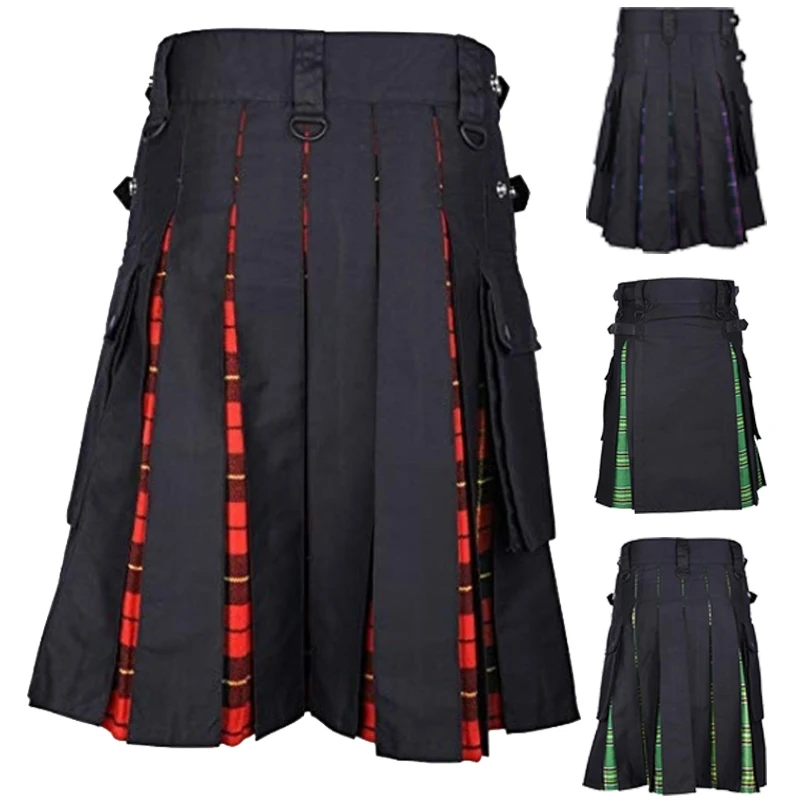 Scottish men's holiday dress plaid pleated skirt red pocket rivet button decorative skirt Halloween performance