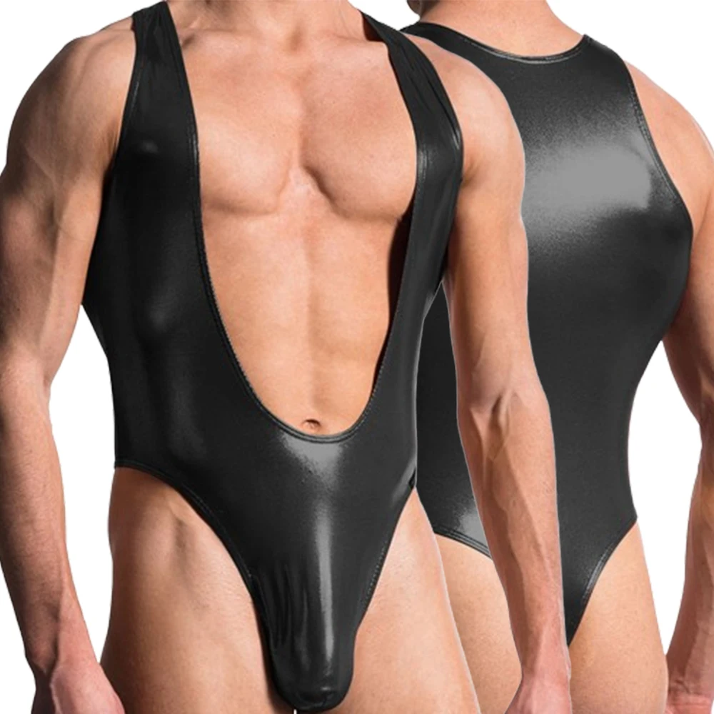 

Sexy Pu Leather Wrestling Singlet Leotards Men Bodysuits Lingerie Jockstrap One Piece Jumpsuit Suspender Overalls Gay Underwear