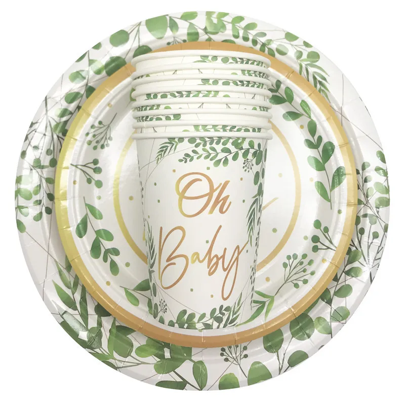 Green Leaves Gold Disposable Tableware Oh Baby Paper Plates Cups Napkins Kids Birthday Baby Shower Party Gender Reveal Supplies