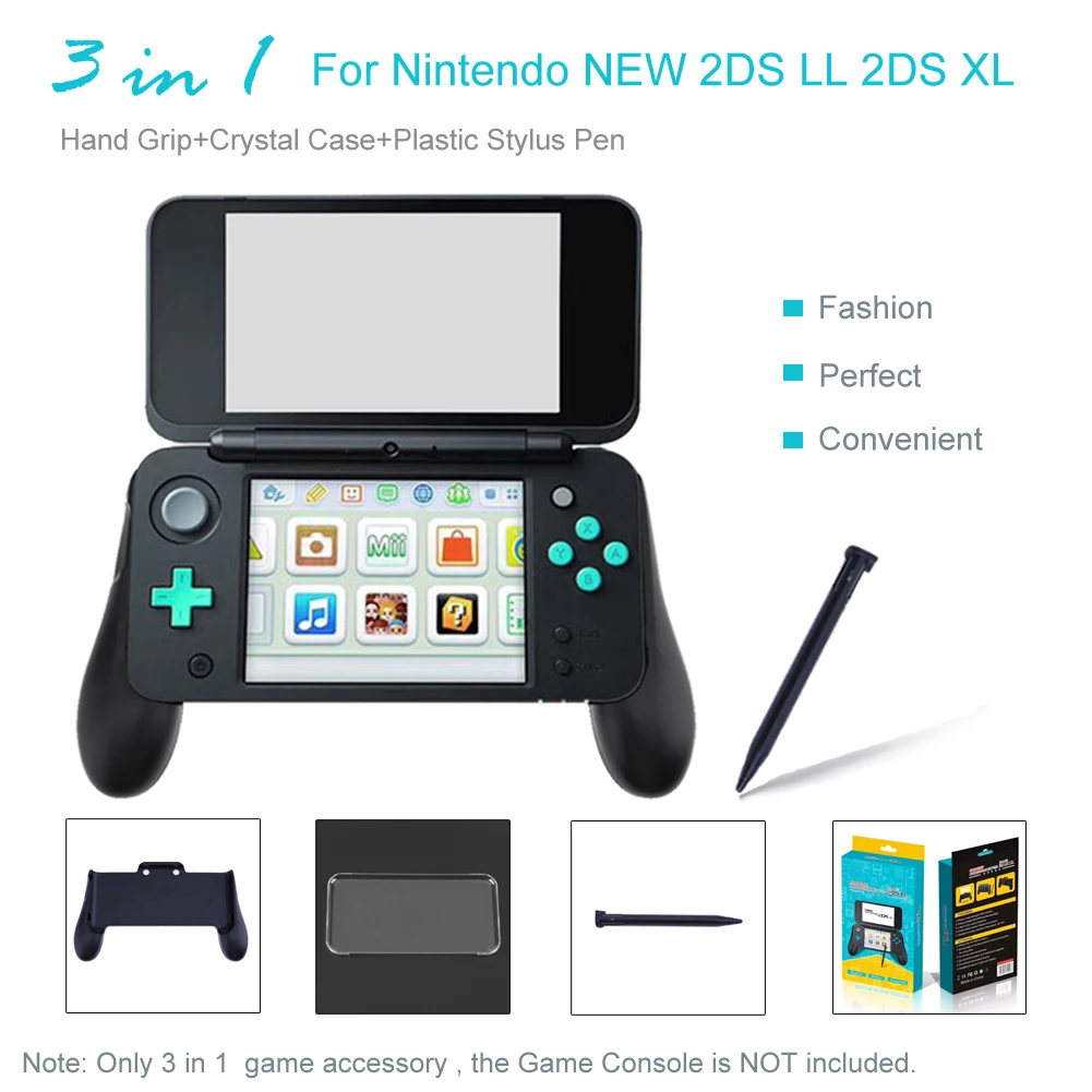 3 in 1 Hand Grip +Crystal Case+Plastic Stylus Pen for Nintendo NEW 2DS LL 2DS XL Console Black Accessories 1.5m cable+ bag