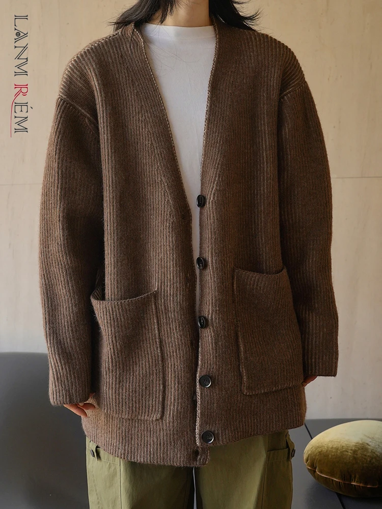 

LANMREM Korean Style Knitted Sweater Coat Women V Neck Pockets Single Breasted Solid Clothing Casual 2023 Winter New 2AA2898