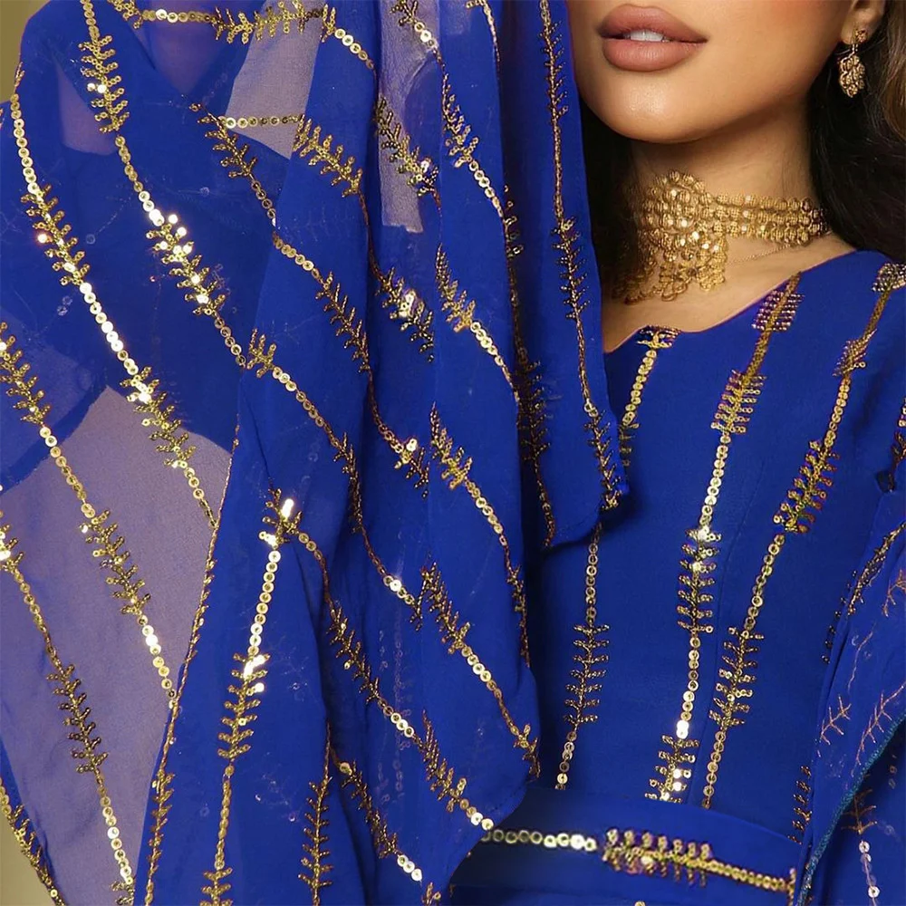 Muslin Dress Fashion Sequin Dress Dubai Arab Chiffon Bean Embroidery Robe V-neck Long Sleeves Dress for Party Fashion Women