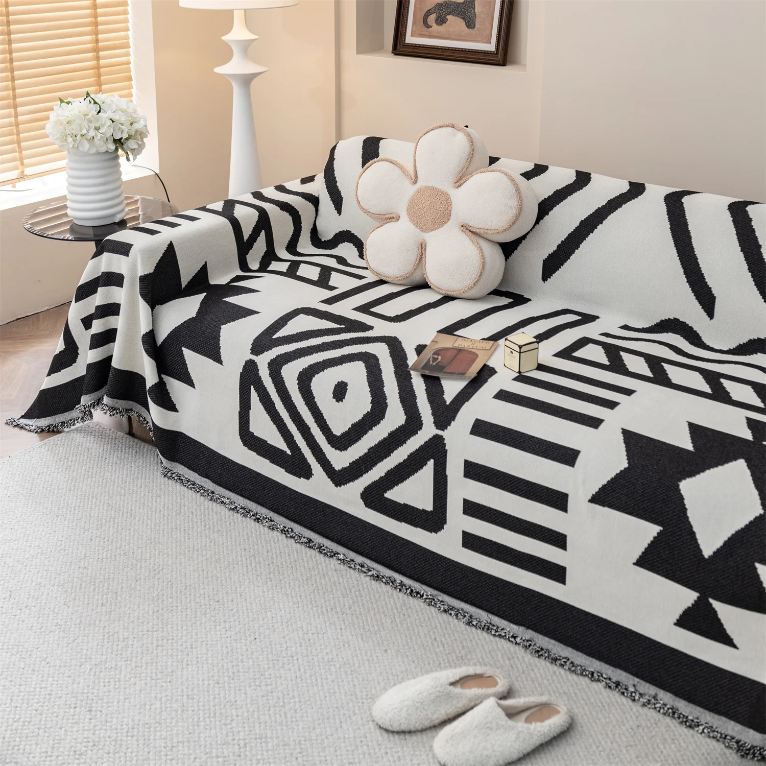 Boho Jacquard Chenille Sofa Towel with Tassels Double-side, for Living Room Camping Picnic Large Blanket Leisure Relax Beach 6
