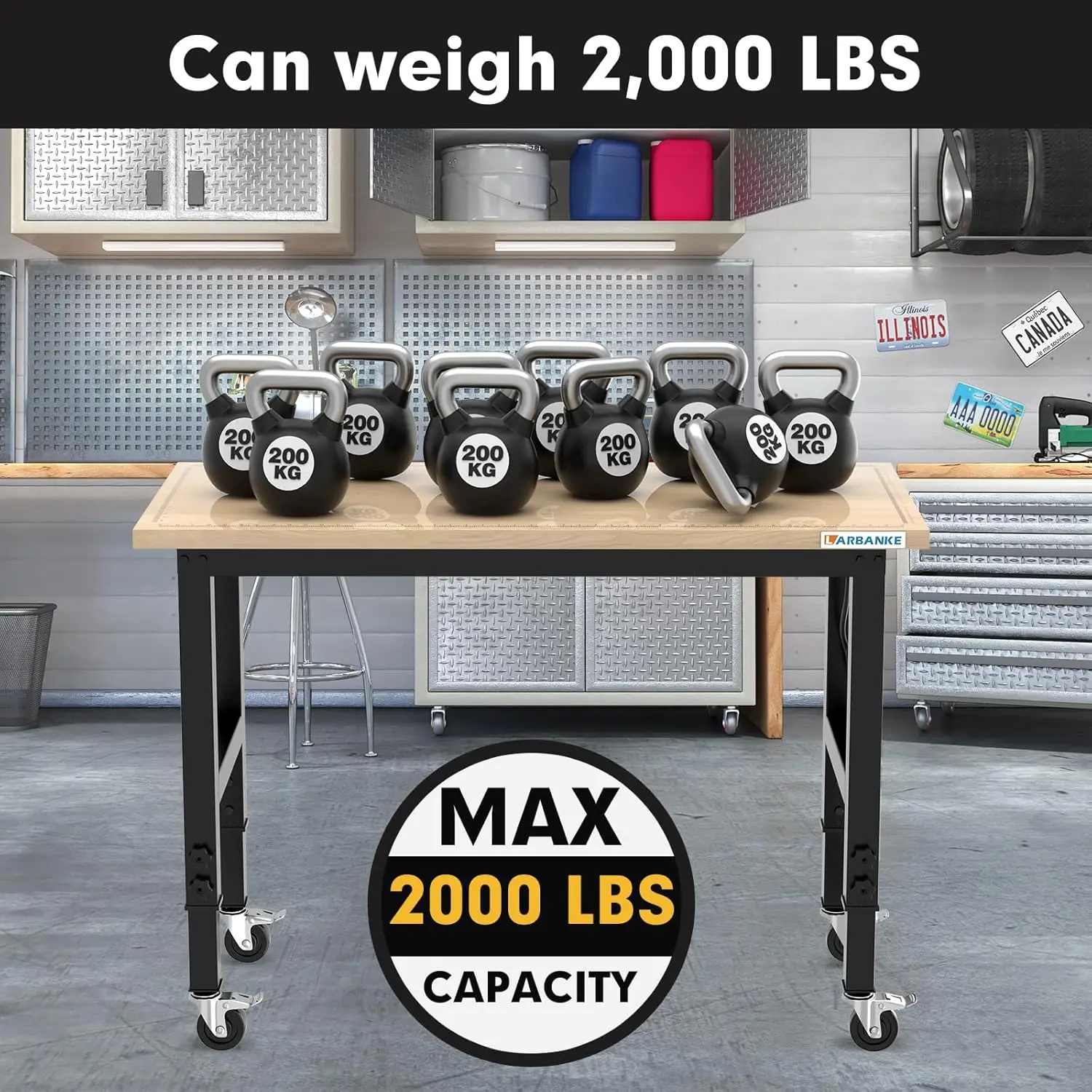 48" Heavy-Duty Adjustable Workbench with Brake Wheels,Hardwood Worktable Weight Capacity Over 2000 Lbs,Rubber Wood Workbench