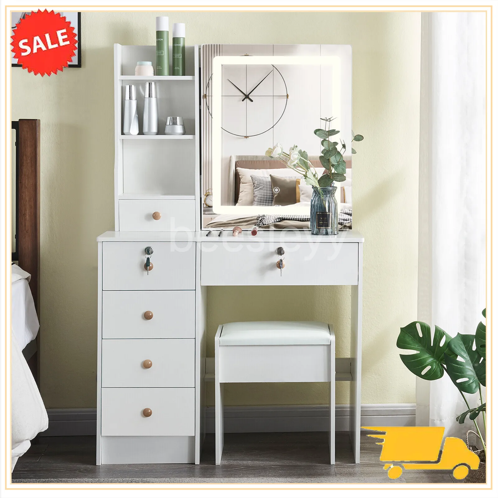 Dressing Table Mirror with Lights Stool Makeup Vanity Set Desk Organizer Dresser 3