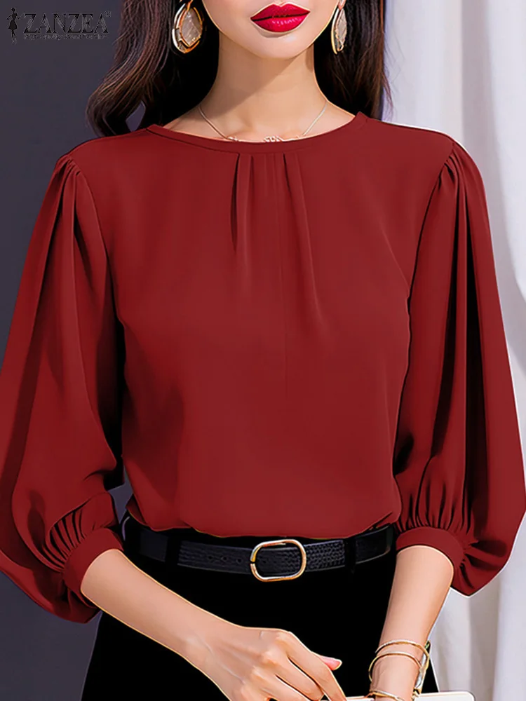 

ZANZEA Stylish Pleated Blusas Lantern Sleeve OL Casual Elegant Tops Women Work Wear Summer O Neck Shirts Solid Color Blouses