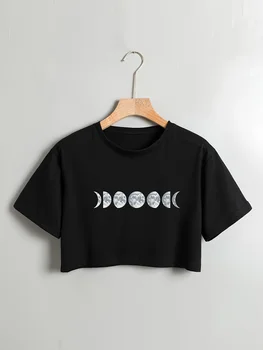 Celestial Moon Print Crop Top T-shirt - Stylish Crew Neck Short Sleeve Perfect for Spring & Summer - Lightweight Fashion 1