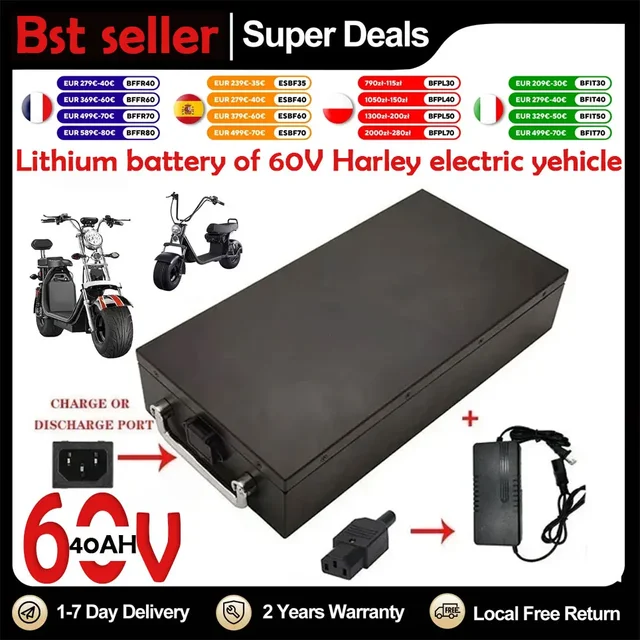 Batterie Li-ion pour moto électrique 60V 40Ah, 2000W, pour Harley, scooter électrique pliable à deux roues Citycoco, chargeur gratuit 1