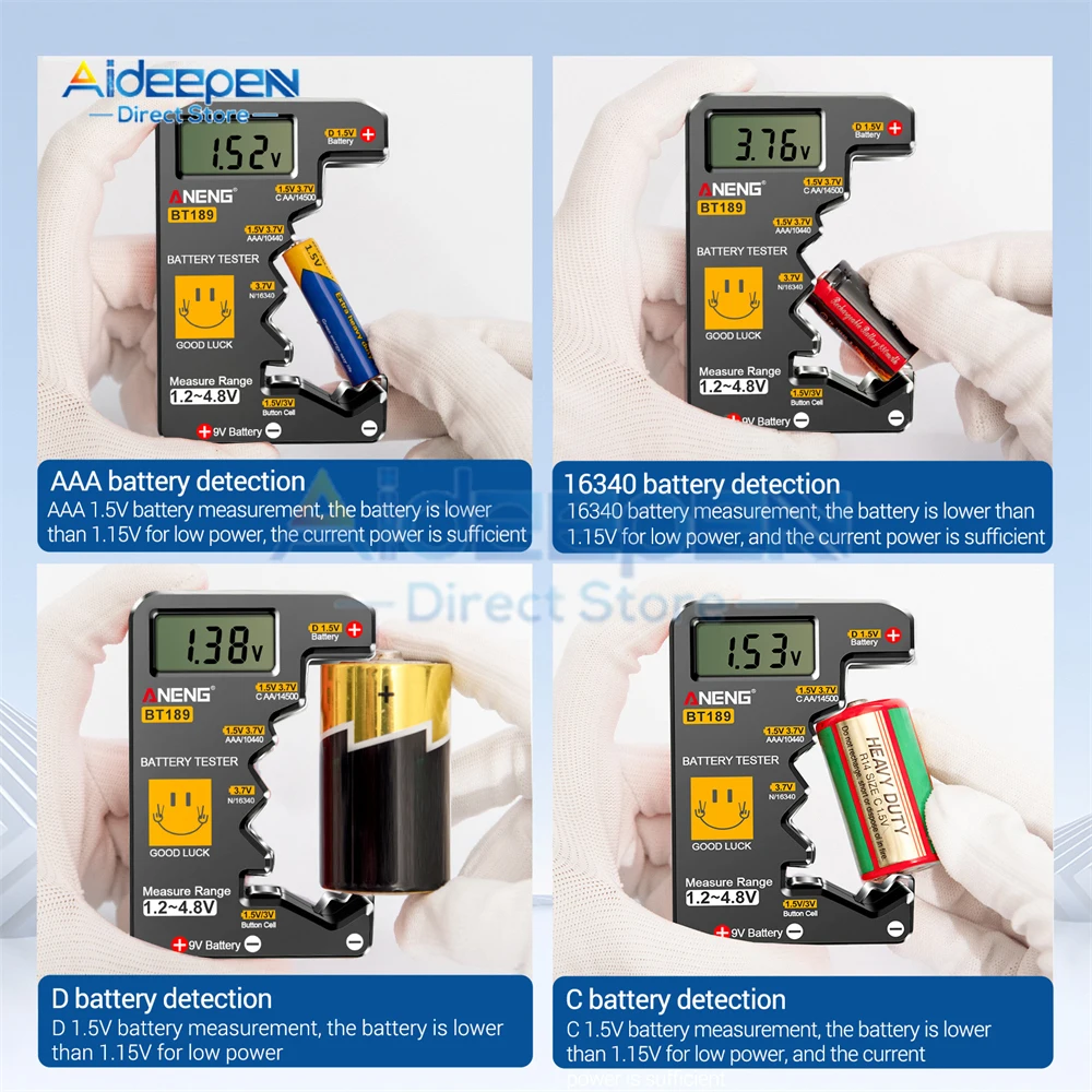 BT189 Button Cell Battery Tester 9V N D C AA AAA Universal Household LCD Display Battery Tester Power Bank Detectors Tools