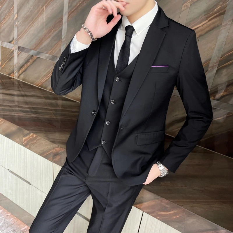 Classic Solid Color Three-Piece Set Wedding Suit Four Seasons Fashion Business Casual Handsome Suit Vest Trousers Combo