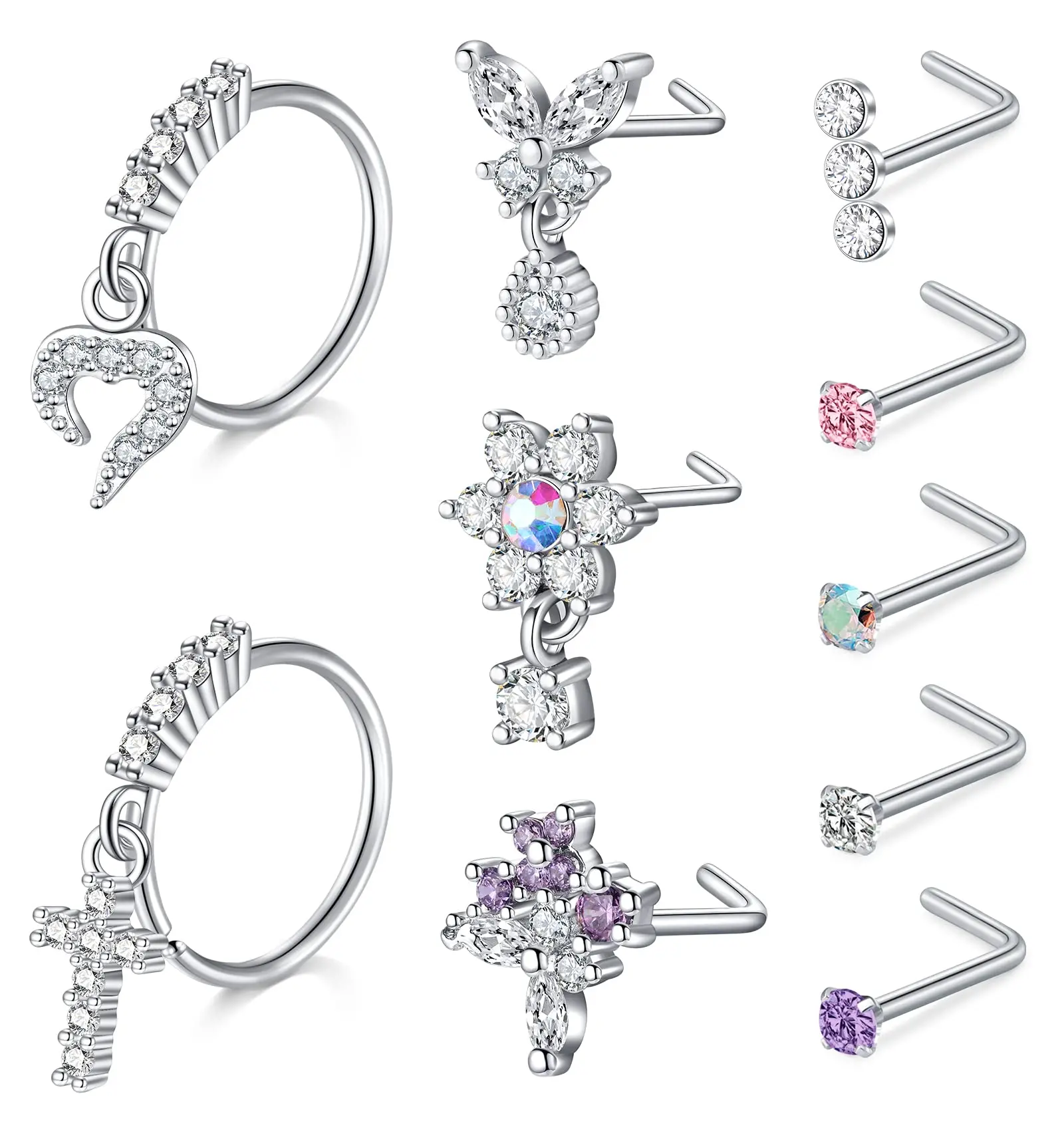 10Pcs Nose Rings Studs for Women Surgical Steel 18/20G Nose Hoop Corkscrew L Shaped Nose Stud Nose Ring Nose Piercing Jewelry