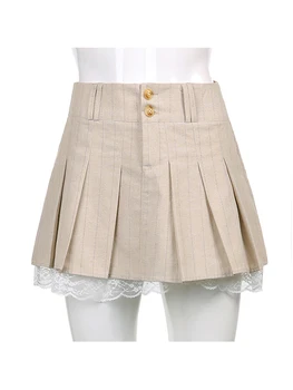 Sweetown Korean Fashion Khaki Short Skirt Lace Trim Cute Pleated Skirts Womens Preppy Style Button Up High Waist Summer Skirt 4