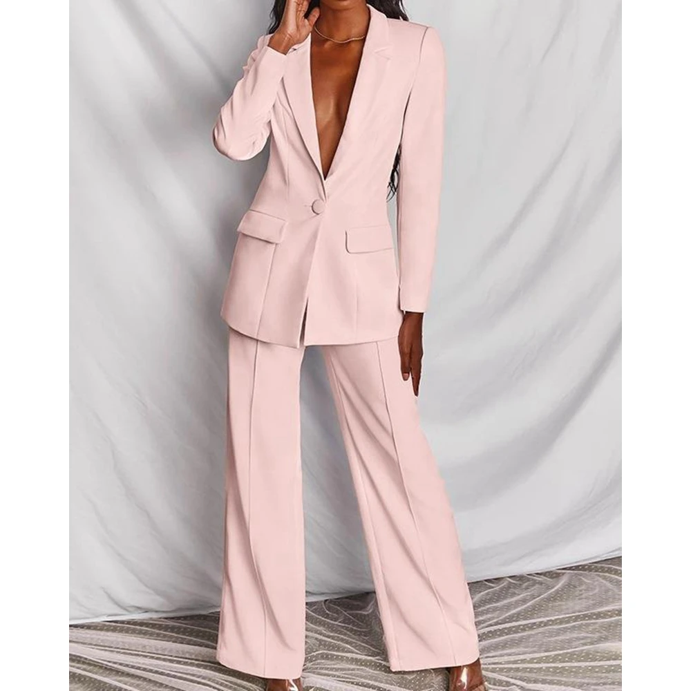 Women Notched Neck Single Button Top & Wide Leg Pants Set Female Two Pieces Blazer Suit Set Business Workwear Elegant Office