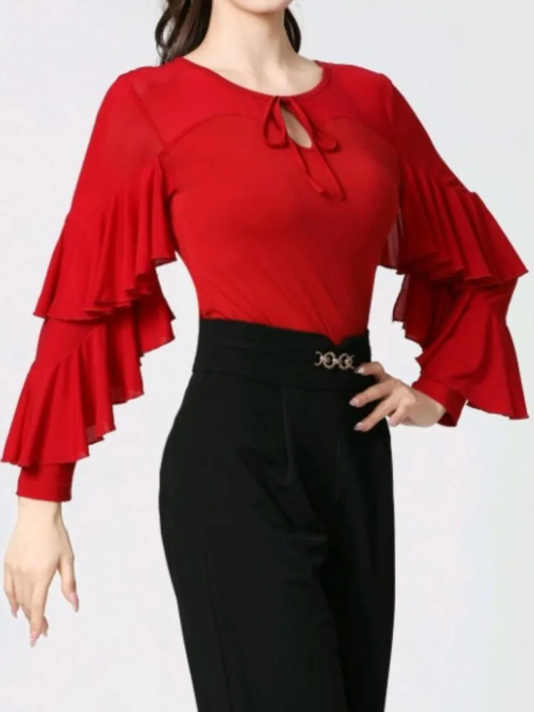 Ballroom Mesh Patchwork Street Dance Party Tops Graduation Latin Costume Ruffle Pole Clothing Original Carnival Women Jazz Shirt girl dance costume