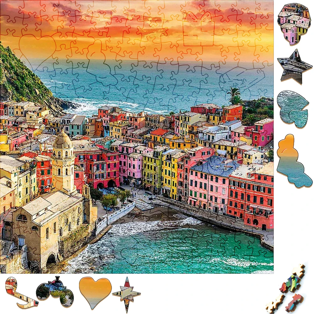 Beautiful Wooden Puzzles Italian Harbor Sunset Wood Jigsaw Puzzle Craft Irregular Family Interactive Puzzle Gift for Friend cities skylines sunset harbor