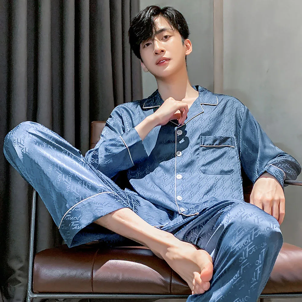 L-3XL Silk-Like Smooth Soft Sleeping Sleepwear Spring Autumn Breathable Loose Men Pajama Sets Fashion Letter Print Pijama Hombre