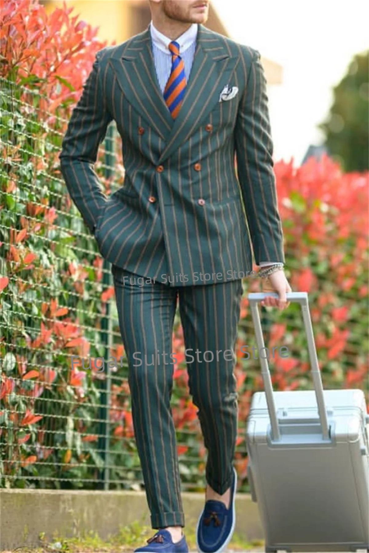 Fashion Green Pinstripe Wedding Suits For Men Slim Fit Peak Lapel Groom Tuxedos 2 Pieces Sets Business Male Blazer Costume Homme