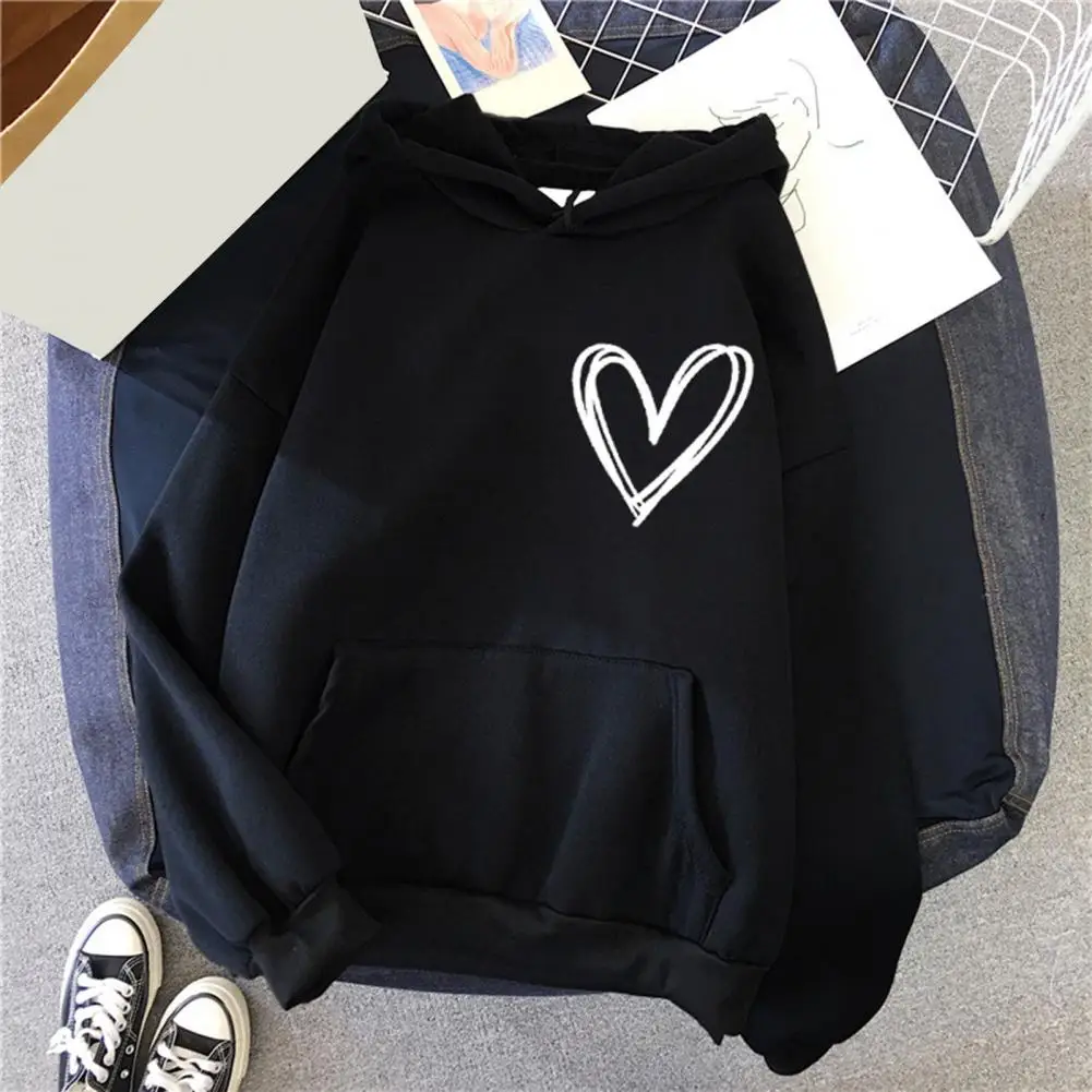 

Comfortable Women Hooded Tops Heart Print Pullover Sweatshirt Cozy Hooded Stand Collar with Long Sleeve Pocket for Women