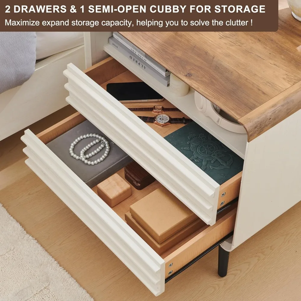 24" Nightstand Set of 2 with Charger Station, Mid Century Modern Fluted End Table with 2 Drawers，Wooden Side Table with Open