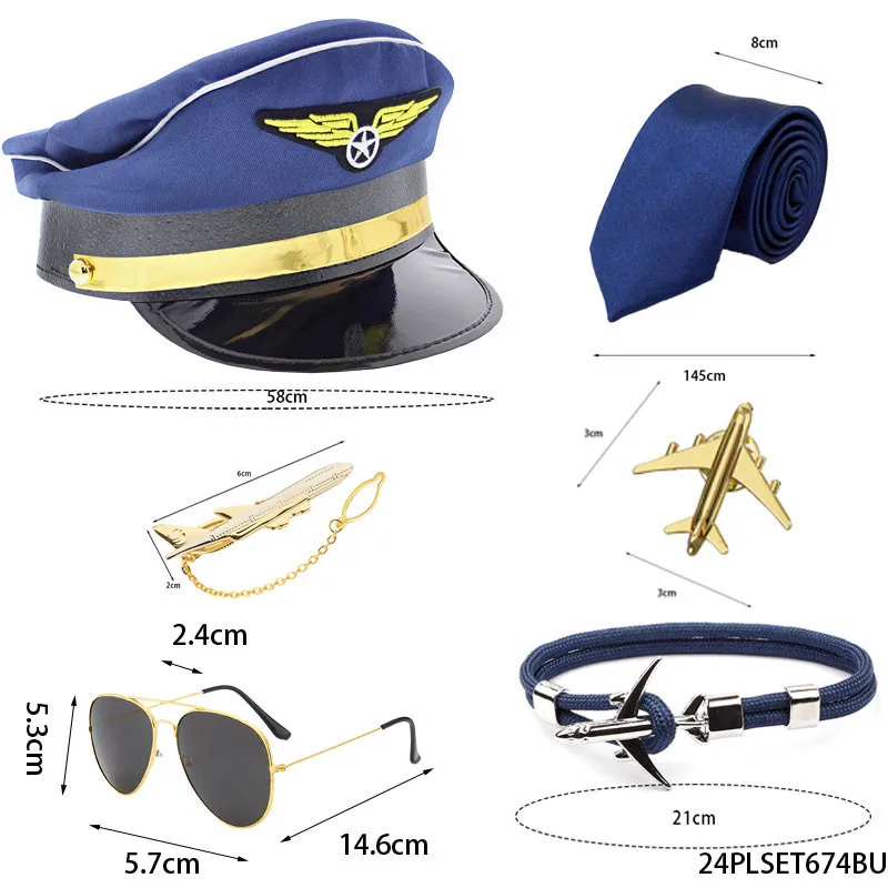 Pilot Captain Costume Accessorie hat tie white gloves 6-piece men's cosplay party