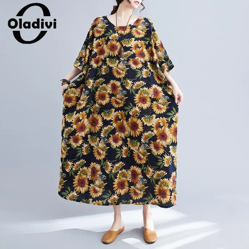 

Oladivi Fashion Print Women Bohemian Beach Dress 2023 Summer New Cotton Linen Long Dresses Lady Oversized Clothing 8XL 10XL 5416