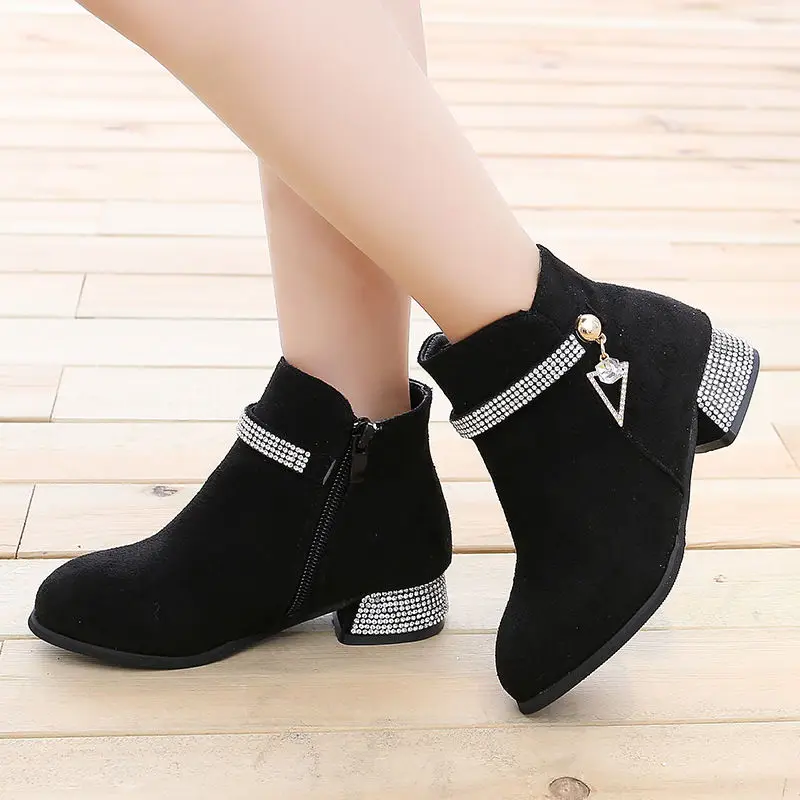 Black Velvet Ankle Boots with Rhinestone for Girls
