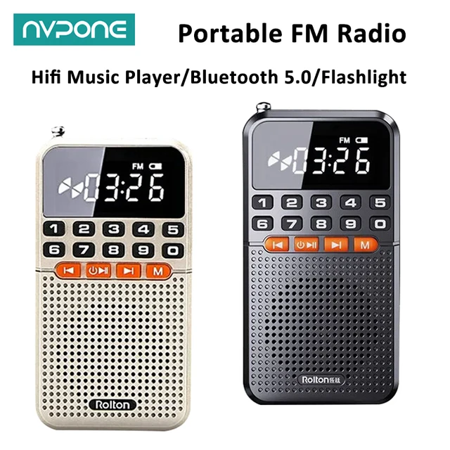 New Mini Portable FM Radio Dual Antenna Pocket Radio Receiver Bluetooth 5.0 Speaker TF Card Music Player with LED Flashlight