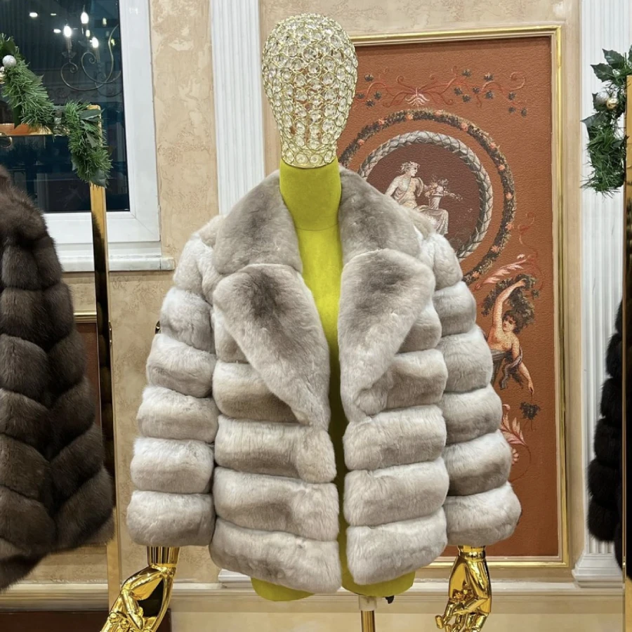 

Women's Natural Fur Coat Rex Chinchilla Fur Coat Short Real Rex Rabbit Fur Jacket Winter