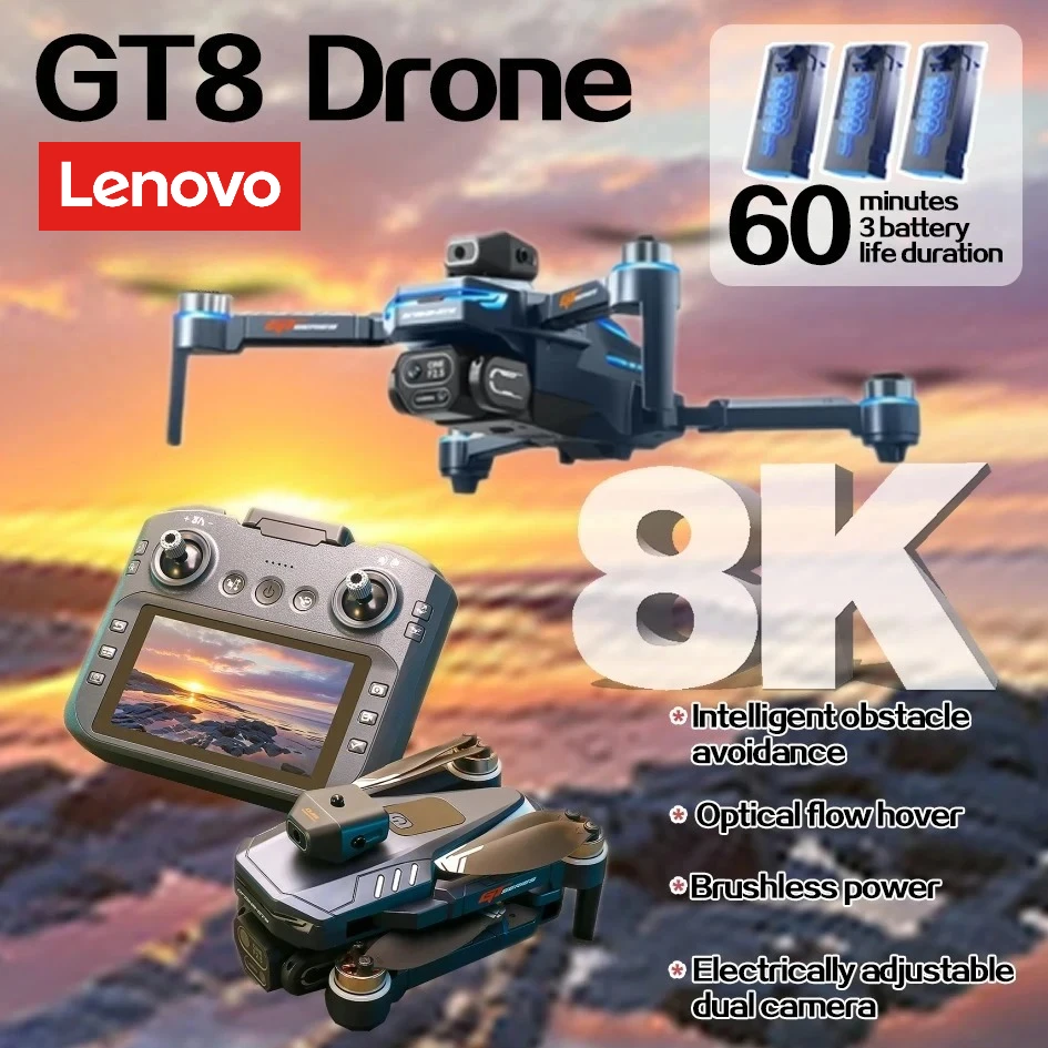 Drone Lenovo GT8 con Fotocamera 8K, Telecomando con Ampio Schermo, Motore Brushless, Fotografia Aerea, Quadricottero RC con Flusso Ottico