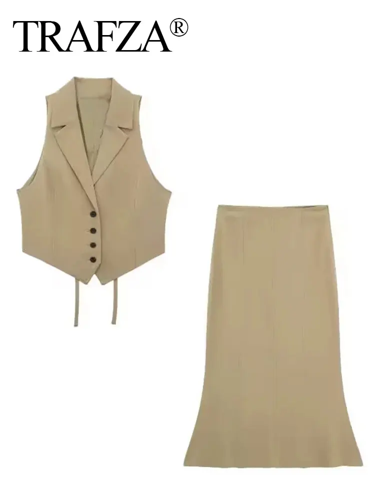 TRAFZA Women Fashion Skirt Suit Solid Turn-down Collar