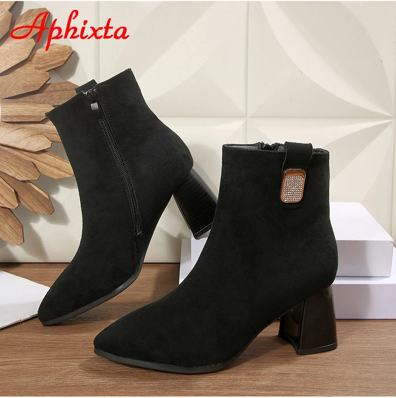 Aphixta 7cm Square Heels Ankle Boots High Quality Suede Pointed Toe Woman Shoes Crystals Zipper Modern Boot Ladies Footwear
