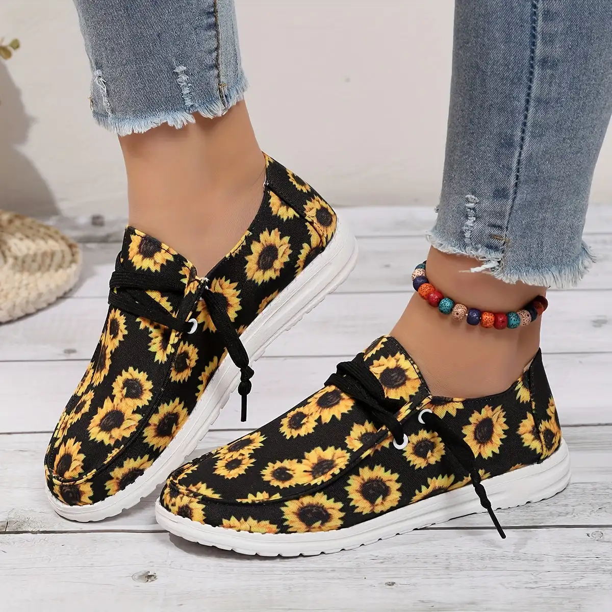 

Женские удобные лоферы на плоской подошве с подсолнухом, низкие кроссовки на шнуровке с круглым носком, Повседневная прогулочная обувь