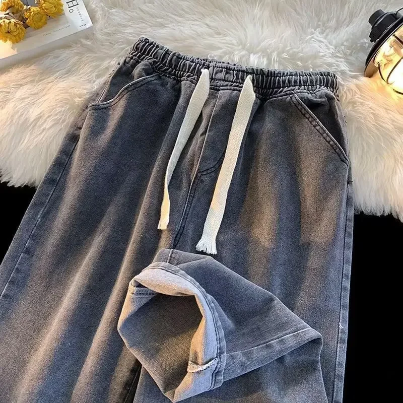 Spring Autumn Men's Elastic Waist Straight-Leg Jeans Loose-Fit Plus Size Casual Pants Drawstring Casual Slacks Plus Size 4