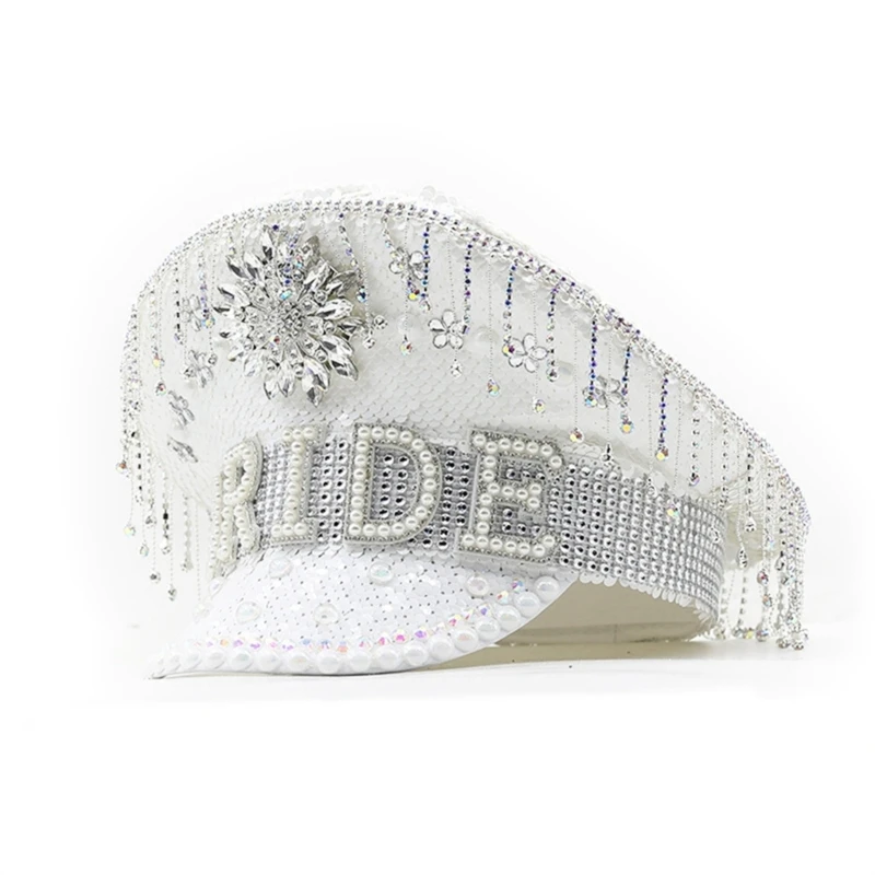

Rhinestones Bride Hat for Wedding Cosplay Cap Blingbling Navy Hat Stage Performances Prop Hat Party Supply
