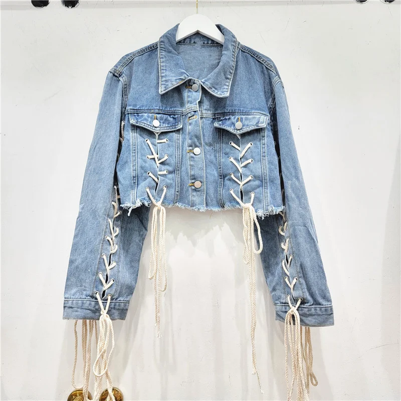 

Женская джинсовая куртка с вырезами, однобортная свободная короткая куртка с бахромой, пальто, осень 2023, Новая модная женская верхняя одежда X309